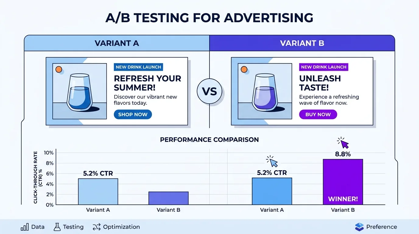 A/B testing comparison showing two ad variants with performance metrics